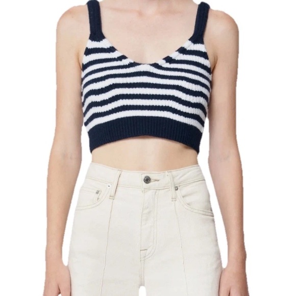 NWT Simkhai Womens Cropped Striped V-Neck Tank Dark Blue Wool Cashmere Size M - Picture 2 of 8